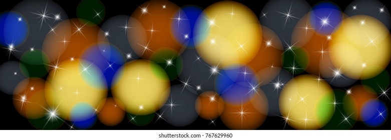 Multi-colored bokeh on a black background. Beautiful abstract panoramic illustration. Vector EPS 10.