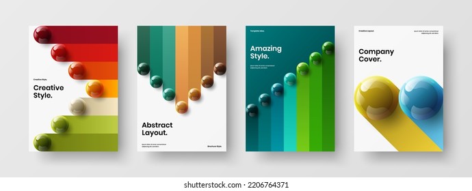 Multicolored book cover A4 vector design illustration set. Trendy realistic spheres corporate brochure template composition.