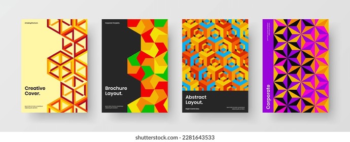 Multicolored book cover A4 vector design concept set. Amazing mosaic pattern placard illustration bundle.