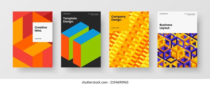 Multicolored book cover vector design concept collection. Clean geometric shapes brochure layout set.