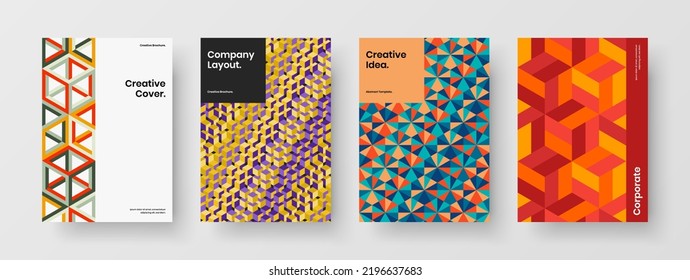 Multicolored book cover vector design layout set. Clean geometric hexagons brochure template bundle.