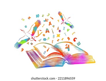 Multicolored book with letters and flying birds. Vector illustration