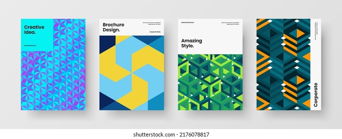 Multicolored booklet A4 design vector layout composition. Vivid geometric shapes journal cover illustration collection.