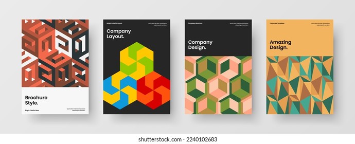 Multicolored booklet A4 vector design illustration set. Simple geometric pattern company identity concept composition.