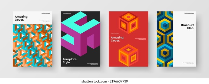Multicolored booklet design vector illustration bundle. Unique mosaic shapes corporate cover template collection.