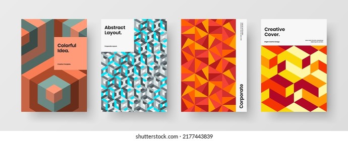 Colección de diseño vectorial de diseño de folletos multicolores. Conjunto de conceptos de tarjetas postales de mosaico Vivid hexagons.