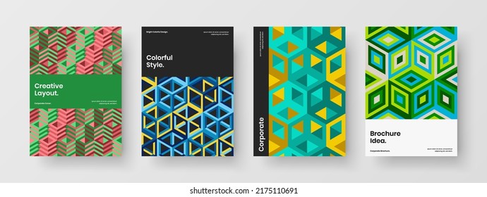 Multicolored booklet design vector template bundle. Premium geometric tiles corporate identity concept composition.