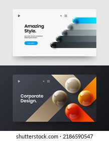 Multicolored booklet vector design illustration set. Vivid realistic spheres presentation layout composition.