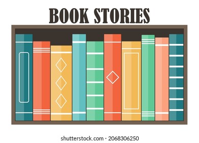 Multi-colored books on the shelf are in a row. Education and knowledge concept. Library with books. Book store. Vector image.