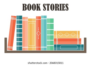 Multi-colored books on the shelf are in a row. Education and knowledge concept. Library with books. Book store. Vector image.