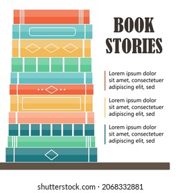 Multi-colored books on the shelf are in a row. Education and knowledge concept. Library with books. Book store. Vector image.