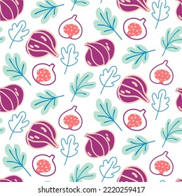 Multicolored botanical pattern with whole and cut figs and fig leaves on a white background.