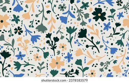 Multicolored botany elements seamless repeat pattern. Random placed, vector flowers and leaves all over surface print on white background.