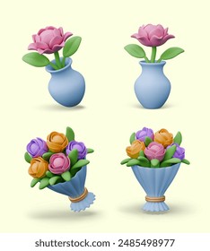 Multicolored bouquet, single pink flower in vase. Realistic detailed illustrations