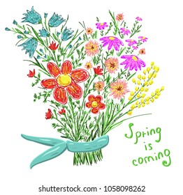 Multicolored bouquet of wildflowers with blue ribbon congratulation with spring.