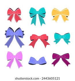 Multicolored bowknot collection. isolated gift bows on a white background. These festive vector illustrations can be used for decoration, celebrations, weddings, and party designs.