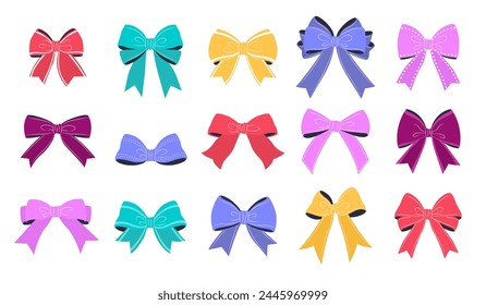 Multicolored bowknot collection. isolated gift bows on a white background. These festive vector illustrations can be used for decoration, celebrations, weddings, and party designs.