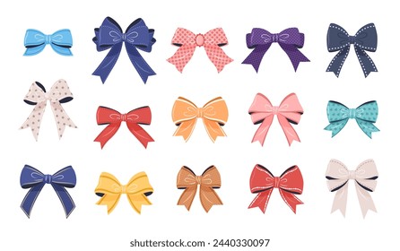 Multicolored bowknot collection. isolated patterned gift bows on a white background. These festive vector illustrations can be used for decoration, celebrations, weddings, and party designs.