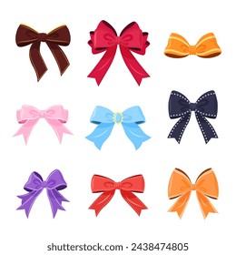 Colección de moño multicolor. cintas aisladas y arcos de regalo sobre fondo blanco. Estas ilustraciones vectoriales festivas se pueden utilizar para la decoración, celebraciones, bodas y diseños de fiesta.