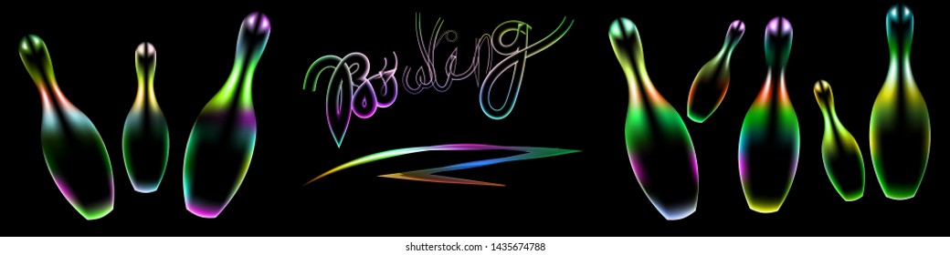  Multicolored bowling pins and the inscription color bowling. Black background. Vector illustration.