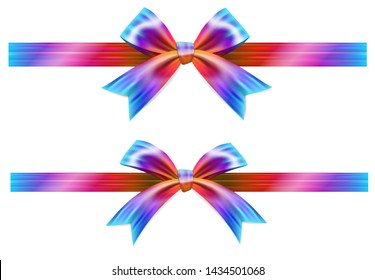 Multicolored bows with horizontal  ribbons isolated on white. Element for decoration gifts, greetings, holidays. Vector