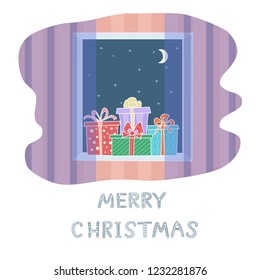 Multi-colored boxes with gifts are on the windowsill. Outside the window is Christmas night, Christmas Eve.