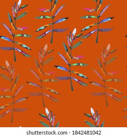 Multicolored branch, vintage pattern of botanical motives, scattered at random. Bright orange background. New textures for fashionable prints, with hand drawn style