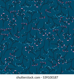 Multicolored branches with flowers on a dark background. small flowers seamless pattern.  graphic print,