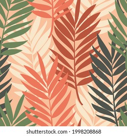 Multicolored branches of a palm tree on a pink background. Seamless modern pattern for textiles, trendy fabrics, bed linen, decorative pillows, photo wallpaper, interior design. Vector.
