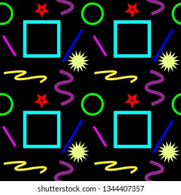 multicolored bright abstract simple shapes on black background, seamless pattern