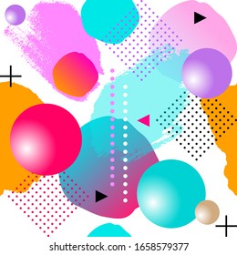 Bolas brillantes multicolores, formas geométricas y puntos sobre un fondo blanco. Patrón abstracto vectorial transparente.