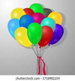 Multicolored, bright, beautiful balloons with threads in a bunch, on a gray background. Vector illustration. Stock Photo.