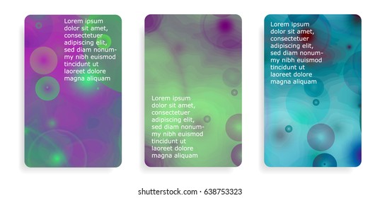 Multicolored bright bookmarks, flyers, banners. Divorce of colors, circles, points. Vector illustration, abstract space. Fluid colors. 