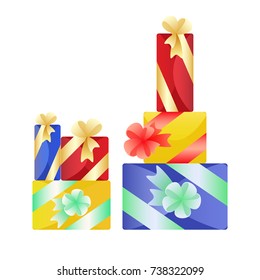 Multicolored bright boxes with gifts. Illustration for the design of greeting cards, holiday posters and booklets.