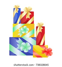 Multicolored bright boxes with gifts. Illustration for the design of greeting cards, holiday posters and booklets.