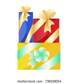 Multicolored bright boxes with gifts. Illustration for the design of greeting cards, holiday posters and booklets.