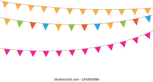 Multicolored bright buntings flags garlands isolated on white background. Bunting and party flag vector illustration.