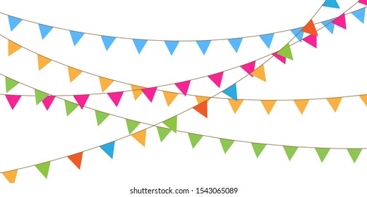 Multicolored bright buntings flags garlands isolated on white background. Bunting and party flag vector illustration.