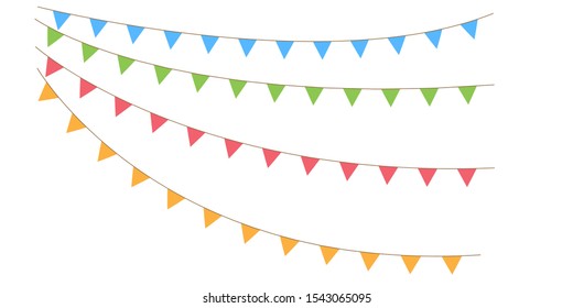 Multicolored bright buntings flags garlands isolated on white background. Bunting and party flag vector illustration.