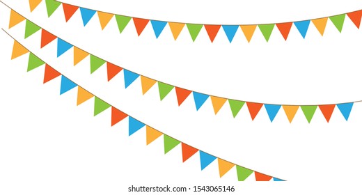 Multicolored bright buntings flags garlands isolated on white background. Bunting and party flag vector illustration.