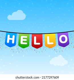 Multicolored bright buntings flags garlands and text - Hello.
