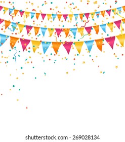 Multicolored bright buntings garlands with confetti isolated on white background