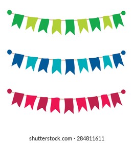 Multicolored bright buntings garlands isolated on white background