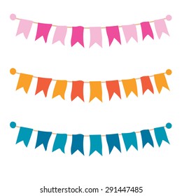 Multicolored bright buntings garlands isolated on white background. Vector illustration.