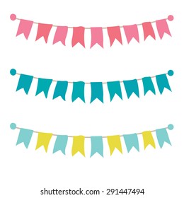 Multicolored bright buntings garlands isolated on white background. Vector illustration.