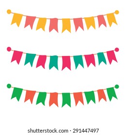 Multicolored bright buntings garlands isolated on white background. Vector illustration.