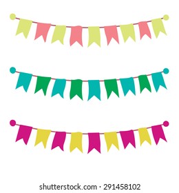 Multicolored bright buntings garlands isolated on white background. Vector illustration.