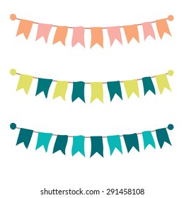 Multicolored bright buntings garlands isolated on white background. Vector illustration.