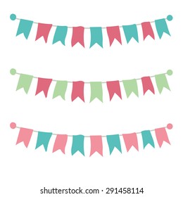 Multicolored bright buntings garlands isolated on white background. Vector illustration.