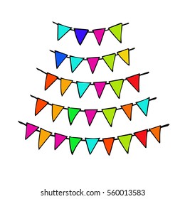 Multicolored bright buntings garlands isolated on white background; a vector illustration; in hand drawn, sketched, doodle style